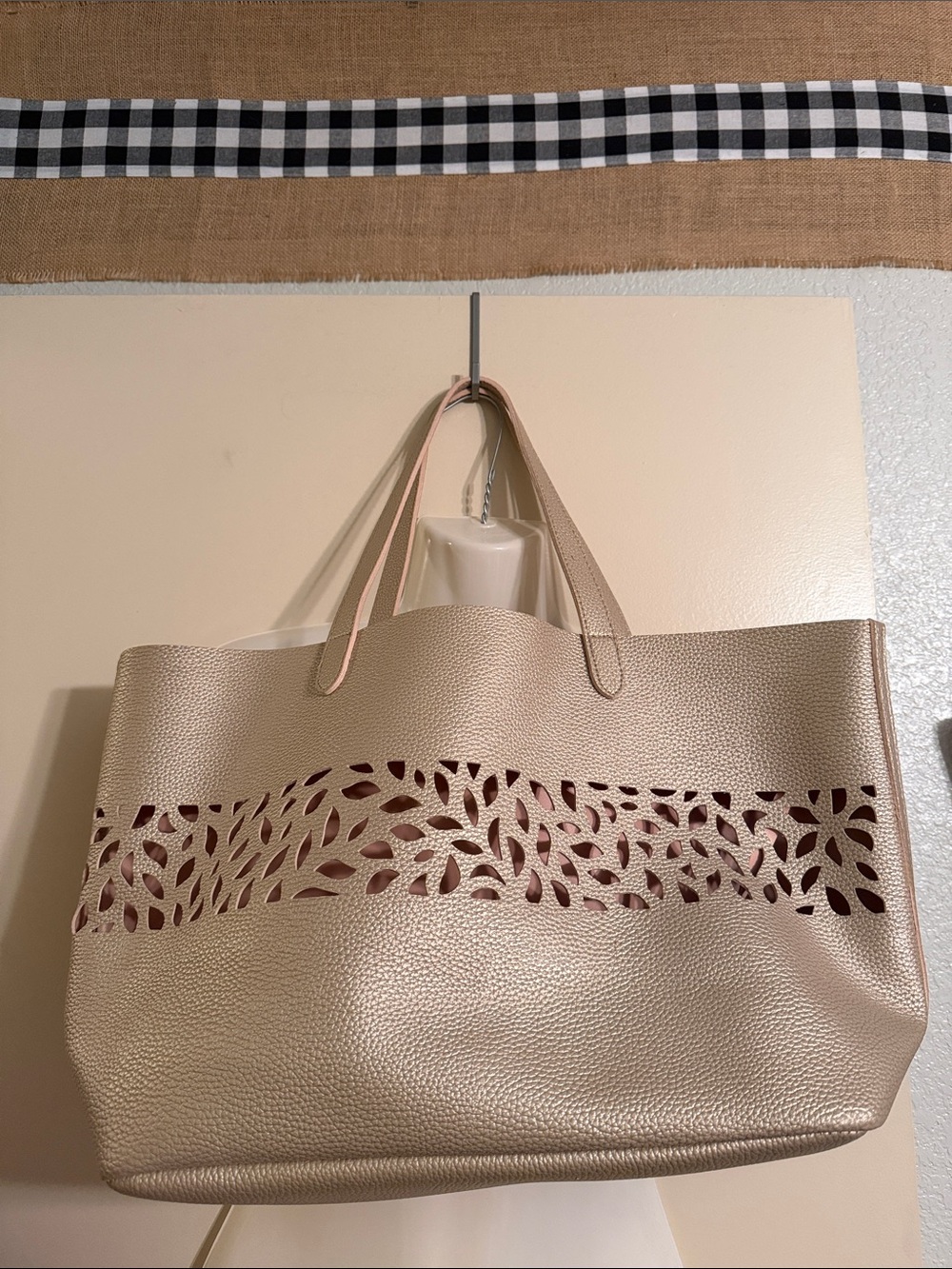Neutral Beige Laser-Cut Leaf Tote Bag